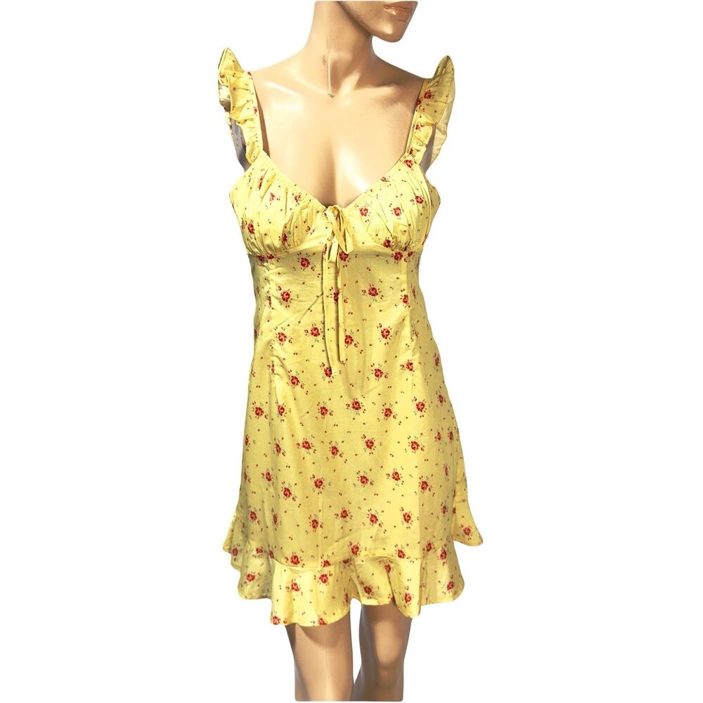 Hello Molly Yellow Floral Mini Dress Women’s Size L Ruffle Coquette NWT